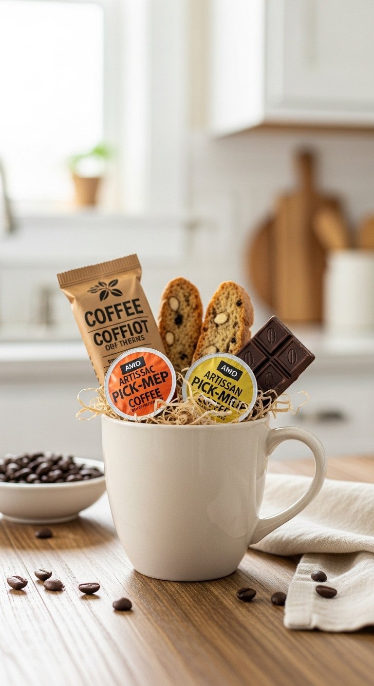 Mini Coffee Gift Basket The Classic Pick Me Up Mug with artisan coffee pods biscotti and chocolate on rustic wooden table