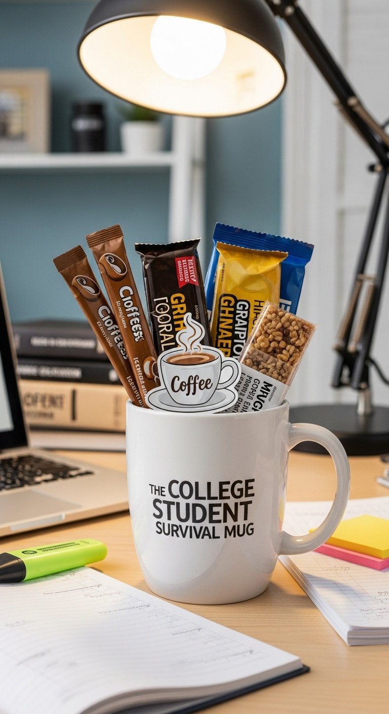 Mini Coffee Gift Basket The College Student Survival Mug with instant coffee granola bars and themed sticker on desk