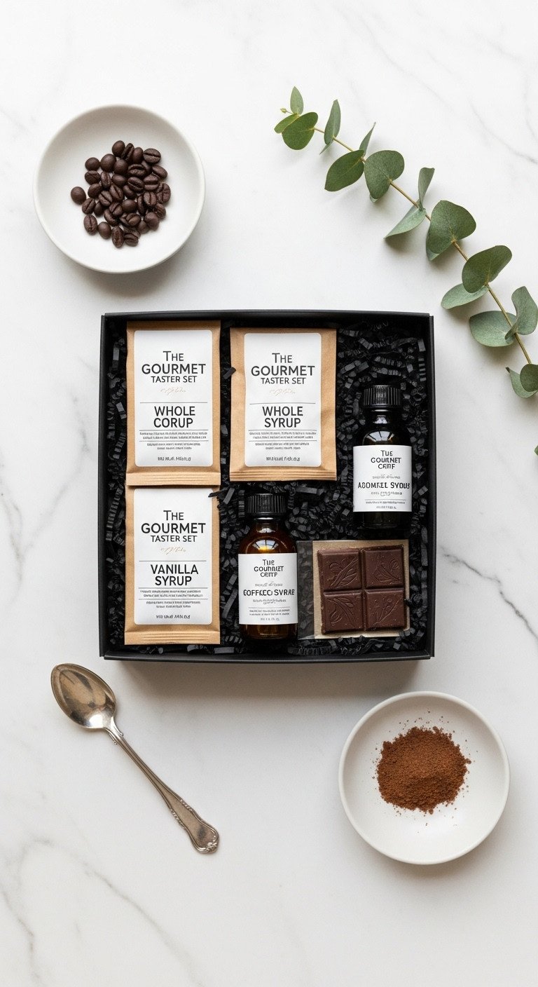 Mini Coffee Gift Basket The Gourmet Taster Set with sample coffee bags syrup and dark chocolate flat lay