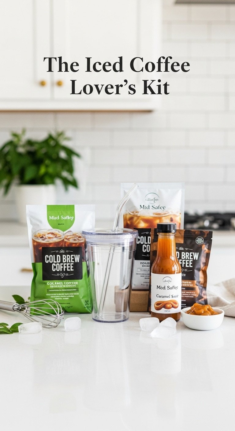 Mini Coffee Gift Basket The Iced Coffee Lover's Kit with reusable cup cold brew packets and caramel sauce