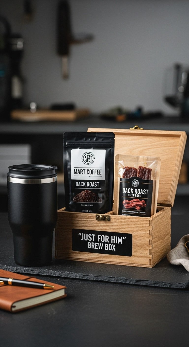 Mini Coffee Gift Basket The Just for Him Brew Box with matte black travel mug dark roast coffee and gourmet jerky in wooden box