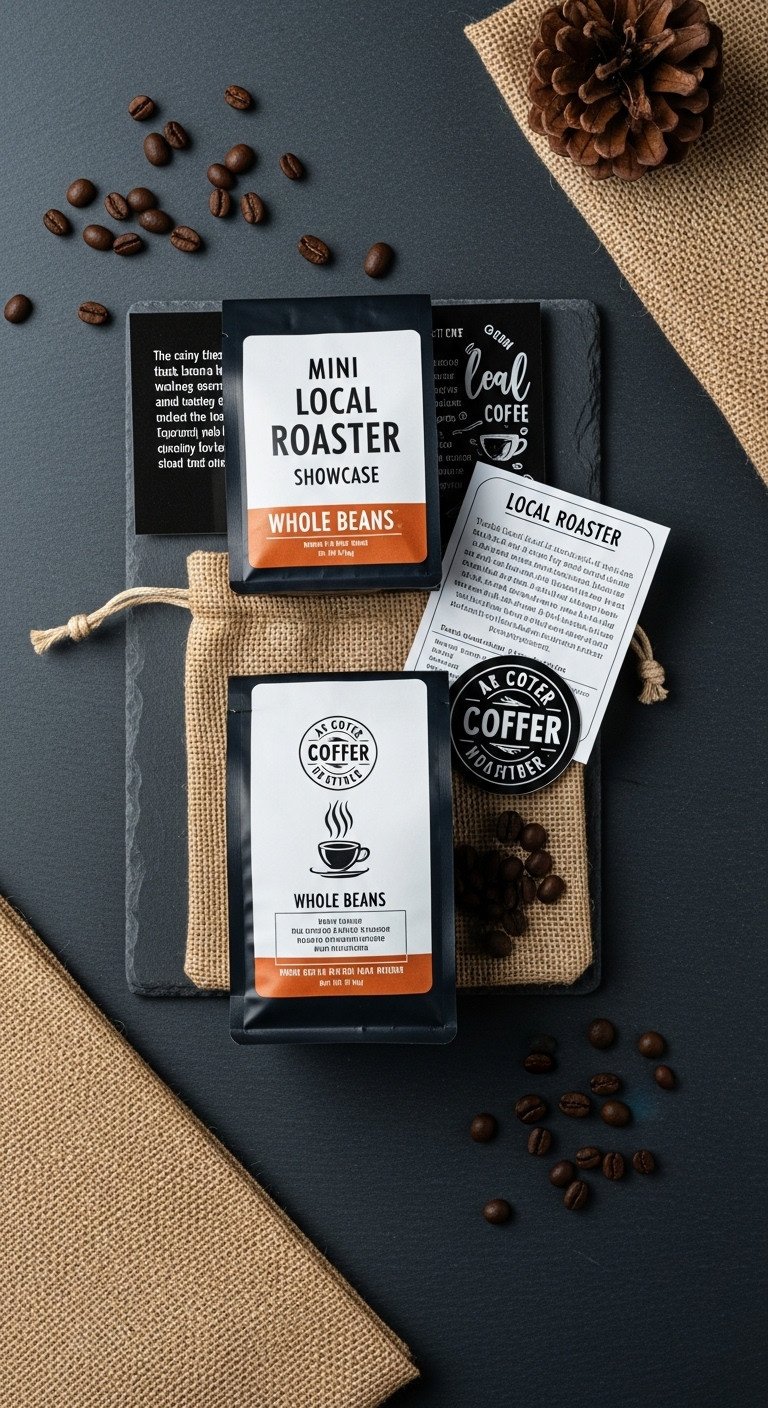 Mini Coffee Gift Basket The Local Roaster Showcase with local whole beans roaster story card and branded sticker in burlap bag