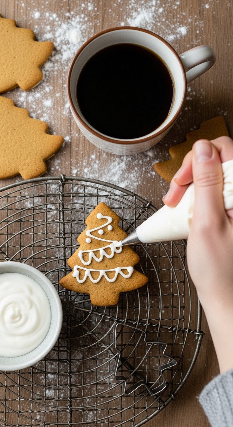 Mini gingerbread tree cookie on a cooling rack with a hand piping icing. Cozy baking scene with coffee.