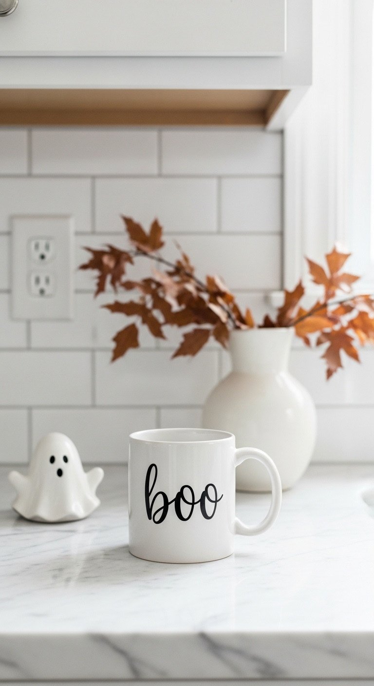 Minimalist DIY Boo Mug with elegant black text on white ceramic mug on marble countertop with autumn decor