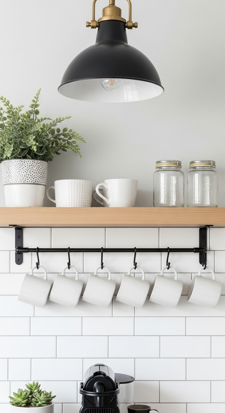 Minimalist Nespresso coffee bar mug display with white ceramic mugs on black hooks under a light wood floating shelf above subway tile