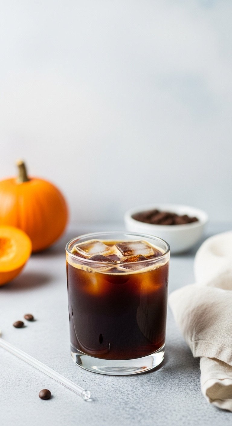 Minimalist Pumpkin Cold Brew, no foam, with ice and spice in a clear glass on light stone. Low calorie Starbucks fall coffee.
