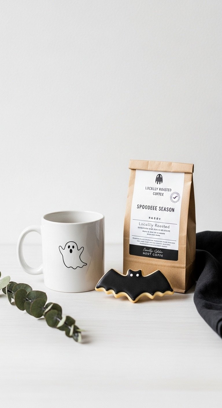 Minimalist Spooky Season Halloween coffee gift with ghost mug, roasted coffee, and bat sugar cookie