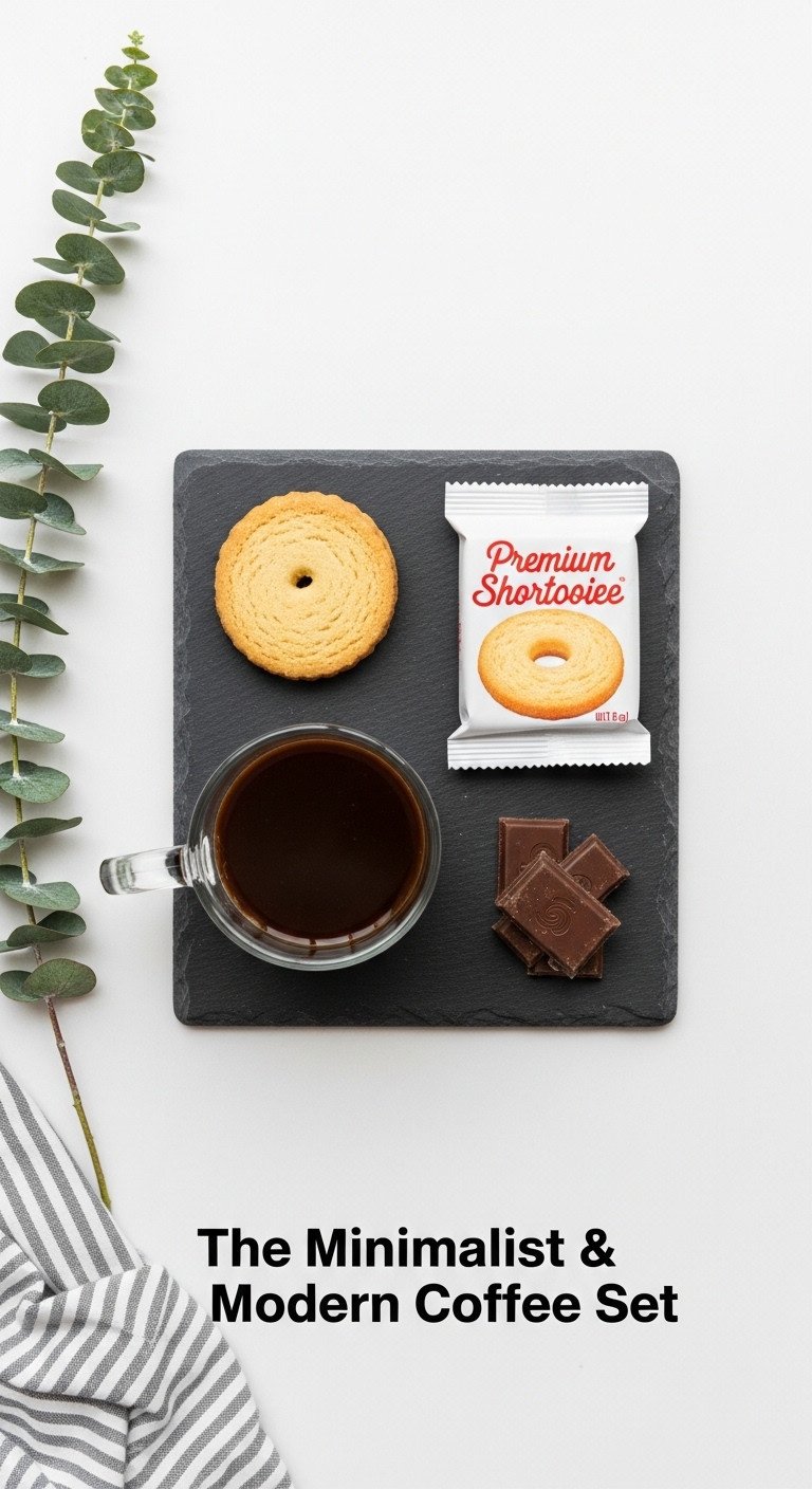 Minimalist and modern coffee set from Dollar Tree with glass mug shortbread and chocolate on a slate board