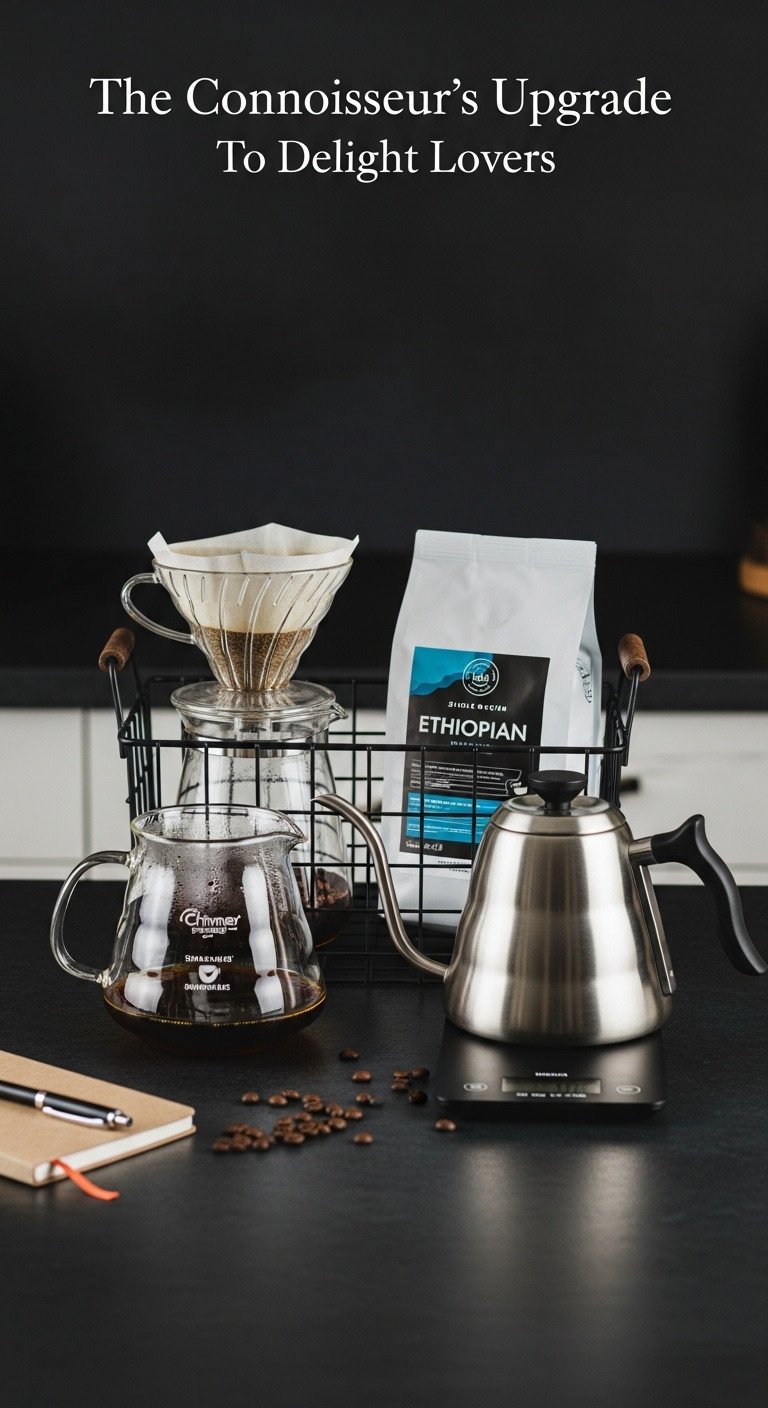 Minimalist black wire basket with Chemex brewer gooseneck kettle digital coffee scale and Ethiopian coffee beans on a dark slate countertop