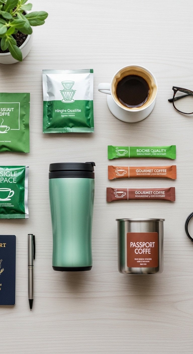 Minimalist coffee gift set for travel with pour-over packets electric travel mug instant coffee sticks passport and pen on light wood