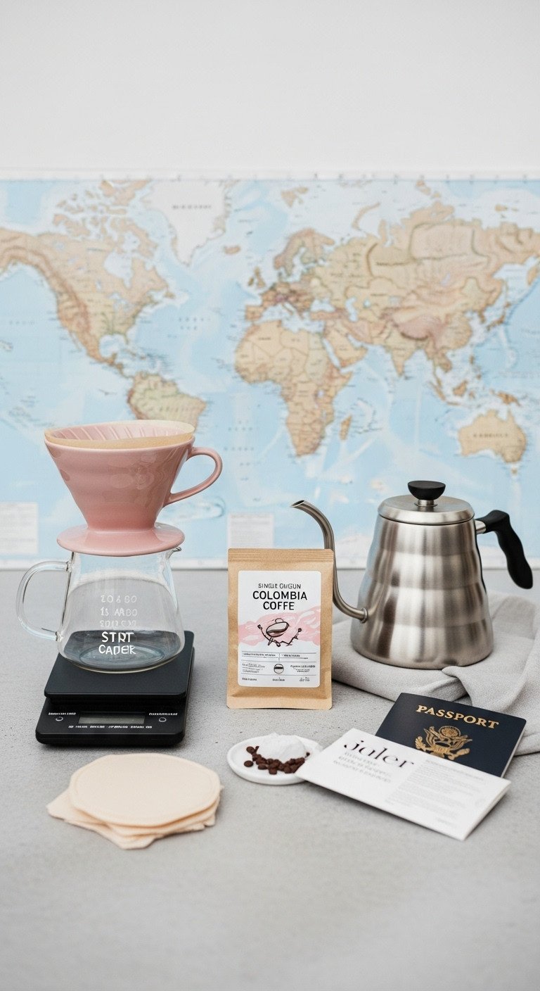 Minimalist global traveler pour-over coffee kit with dripper single-origin coffee and gooseneck kettle on a concrete surface