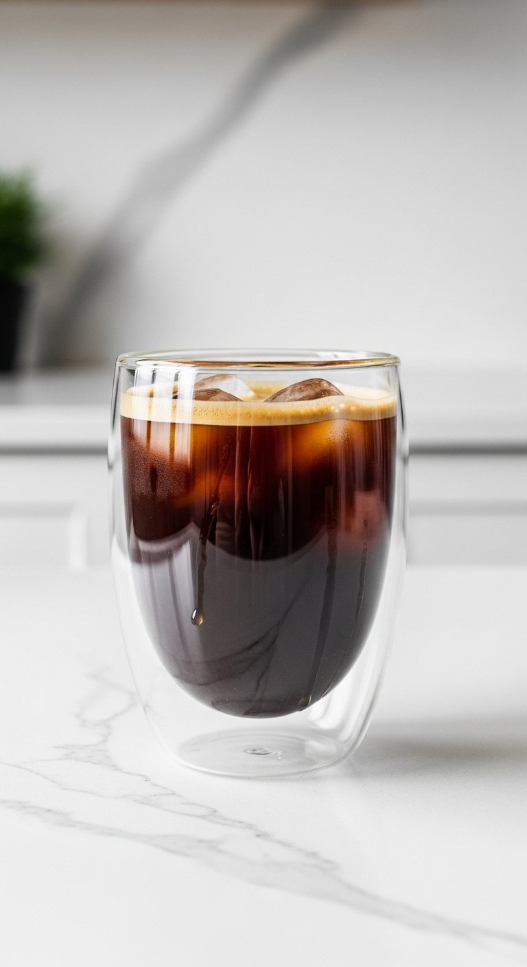 9 Effortless Cold Espresso Drinks For The Home Barista 5 Minimalist iced americano in sleek double-walled glass, dark coffee, rich crema, large ice, condensation drop on white quartz. Recipe.