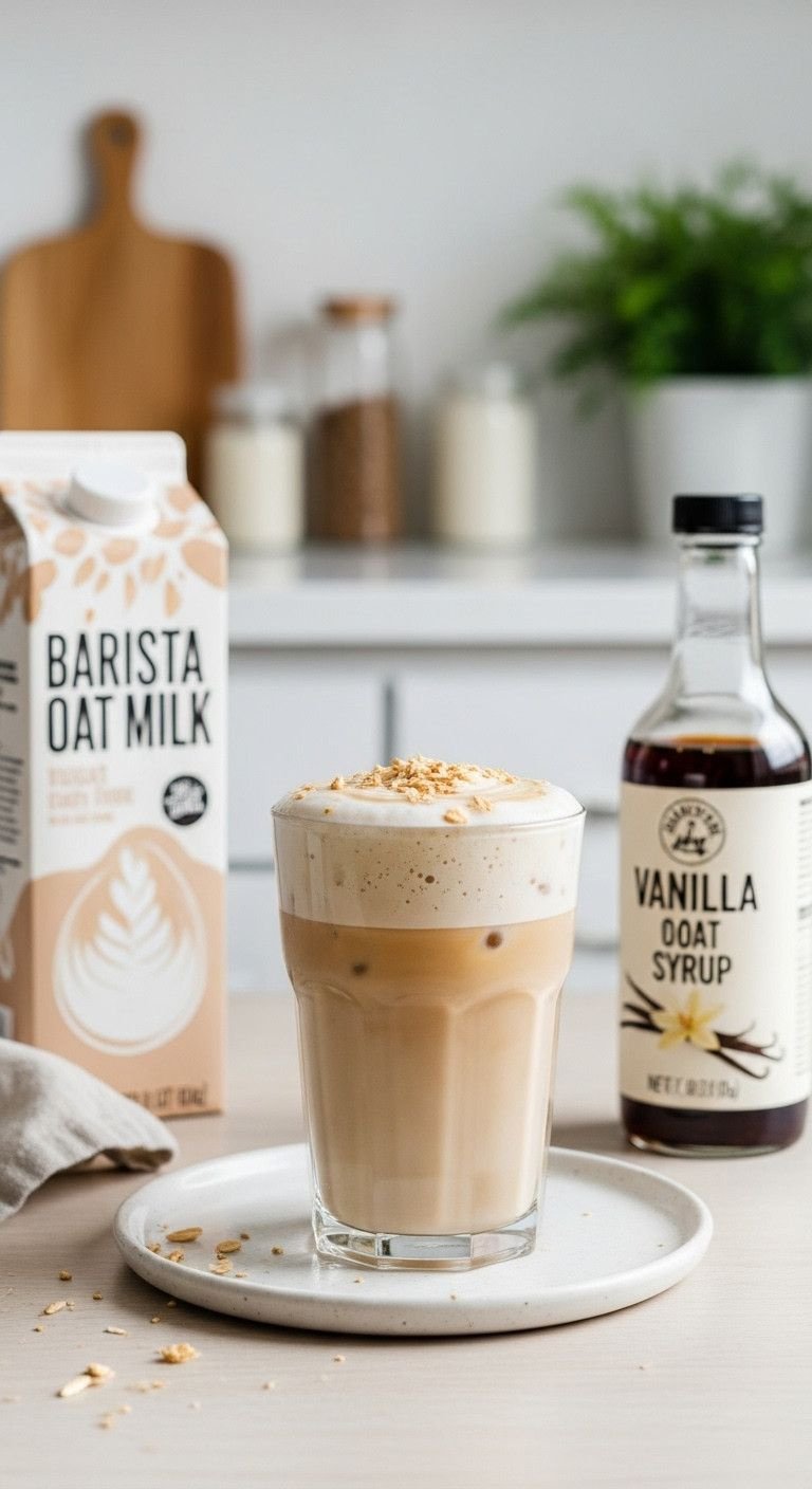 7 Easy Cold Foam Recipes With Or Without A Frother 7 Minimalist iced latte with thick dairy-free vanilla oat milk cold foam, modern setting, plant-based coffee recipe.