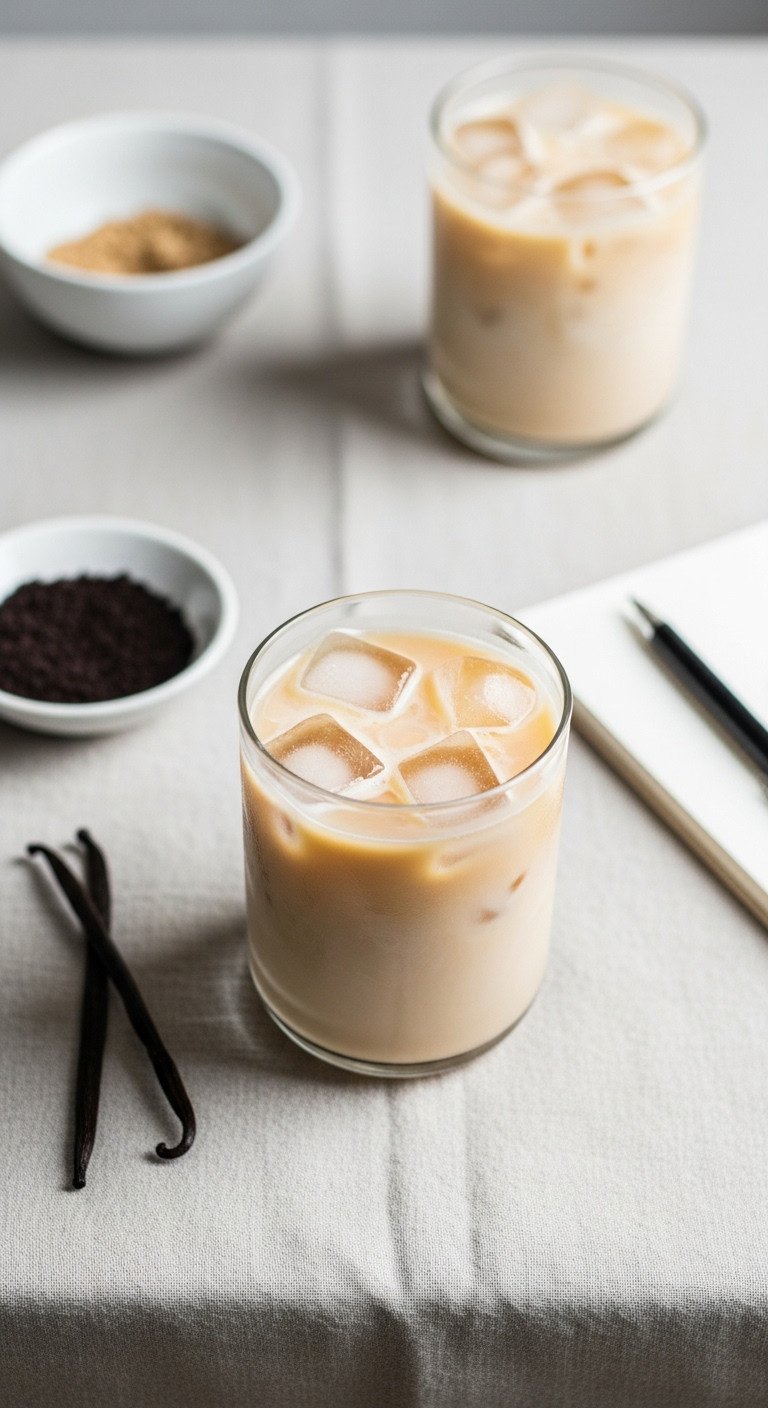 The Perfect Iced Coffee Recipe That Never Gets Watery 7 Minimalist iced vanilla latte with clear ice in sleek glass, vanilla bean pod, notebook on linen tablecloth.