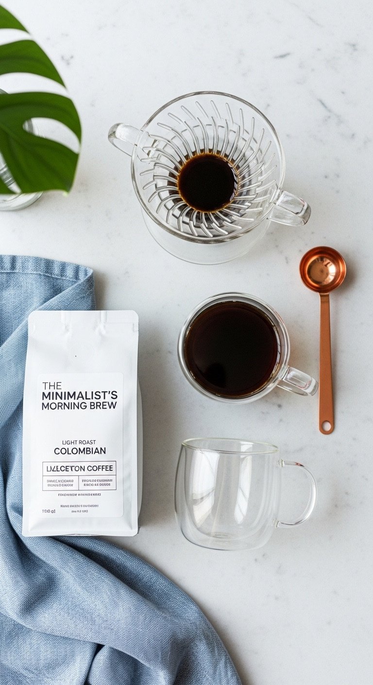 Minimalist morning brew coffee gift basket for men with glass pour-over dripper Colombian coffee and double-walled mug on a concrete countertop