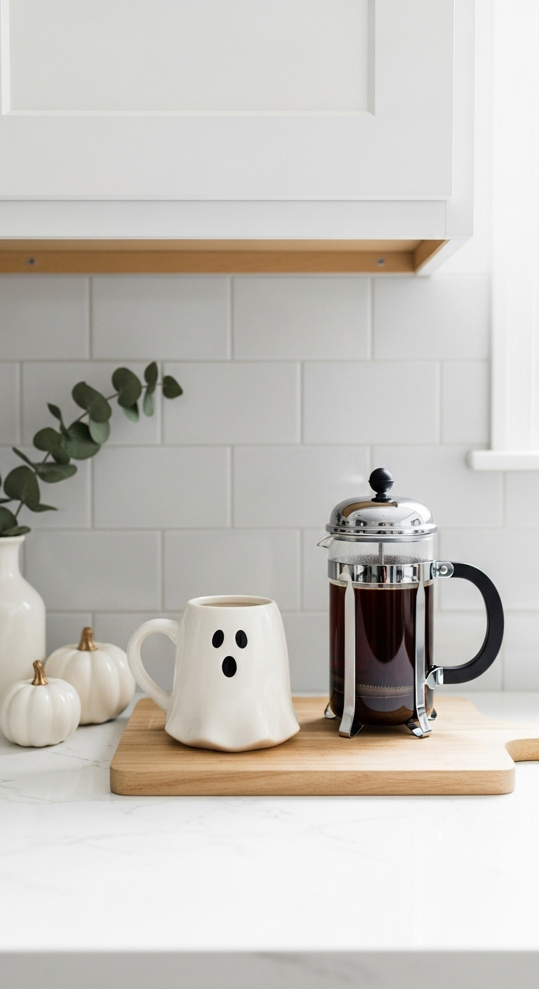 Minimalist pumpkins and ghosts Halloween kitchen coffee bar with ceramic ghost mug French press white pumpkins and eucalyptus on quartz countertop