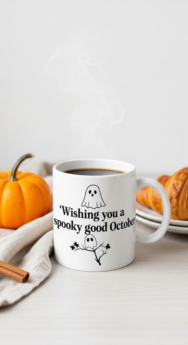 Minimalist white ceramic ghost face mug with black coffee on light wood with small orange pumpkin and croissant