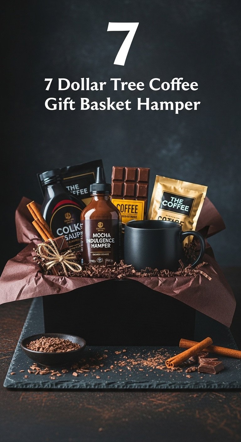 Mocha indulgence hamper from Dollar Tree with dark mug chocolate syrup and coffee packets on a dark slate surface