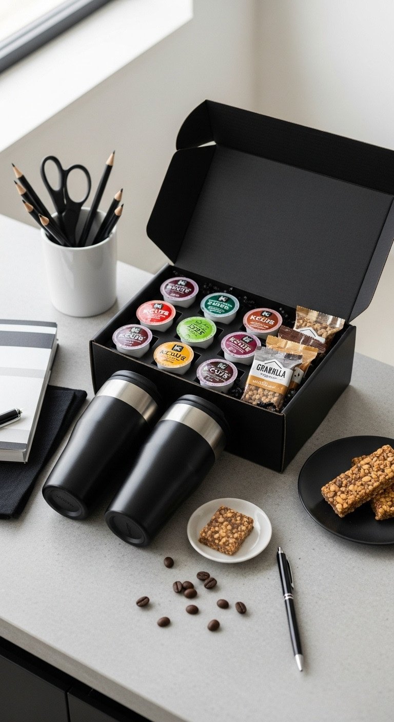 Modern coffee gift basket for office with K-Cup pods insulated travel mugs and granola bars in a sleek black box on concrete