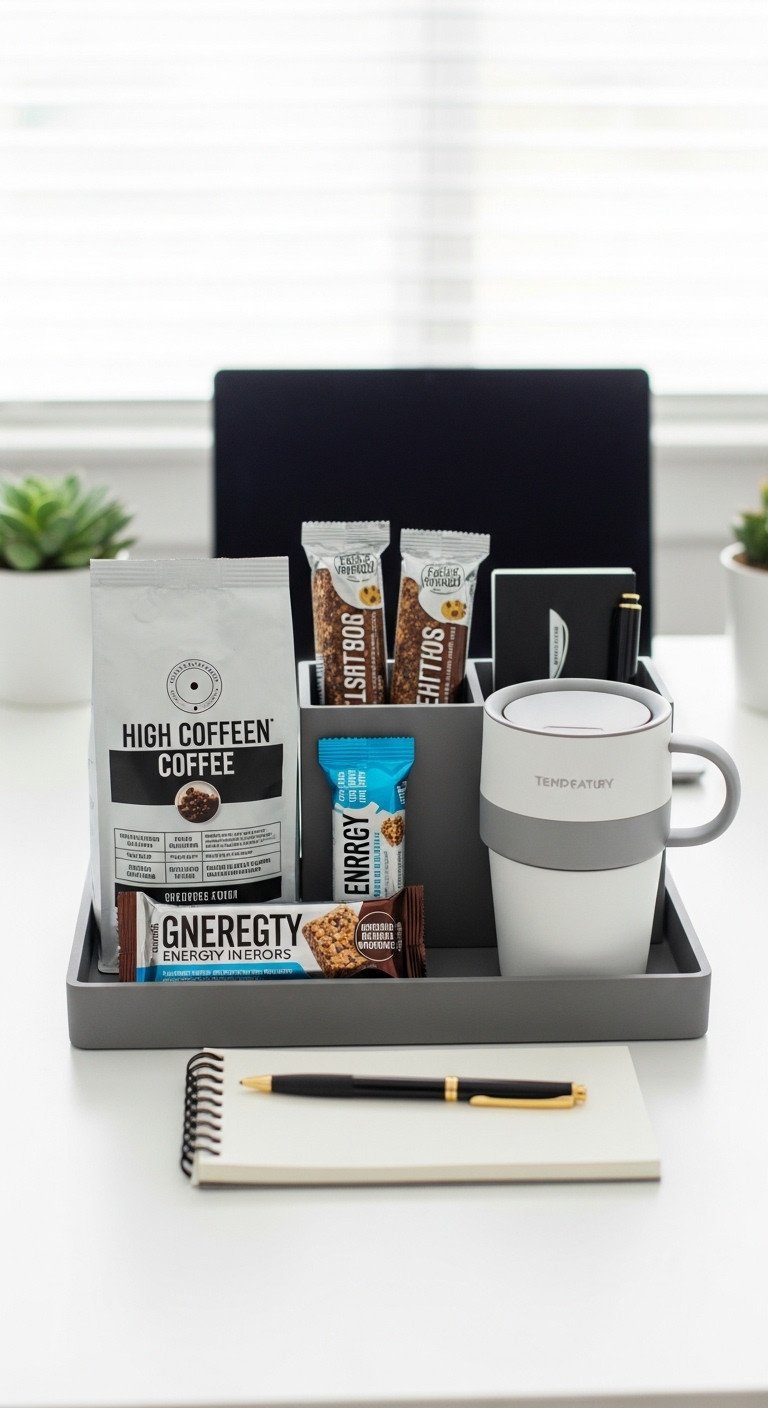 Modern desk organizer tray with high caffeine coffee smart mug gourmet energy bars stylish notepad and pen in a home office