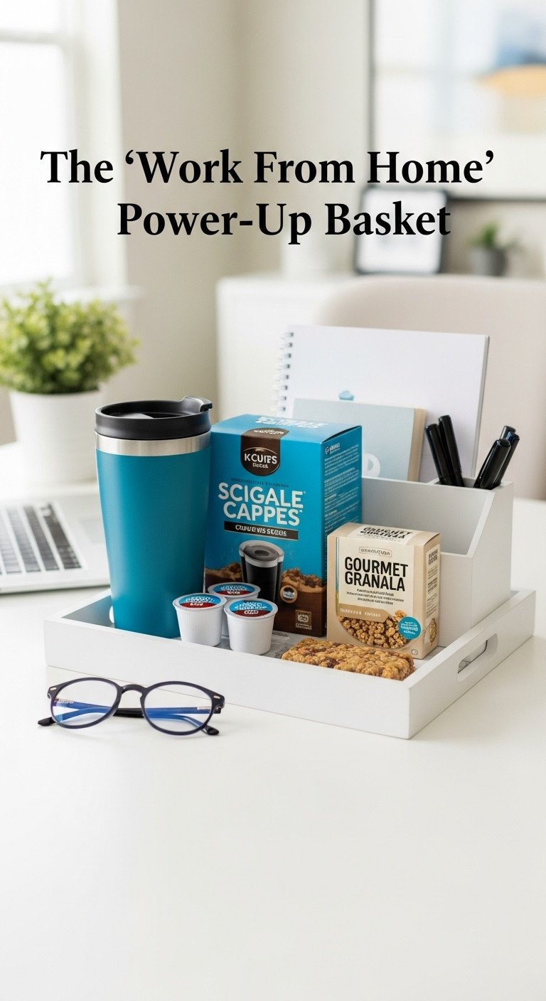 Modern desk organizer with insulated travel mug, coffee pods, granola bar, notebook and pen on white desk in home office