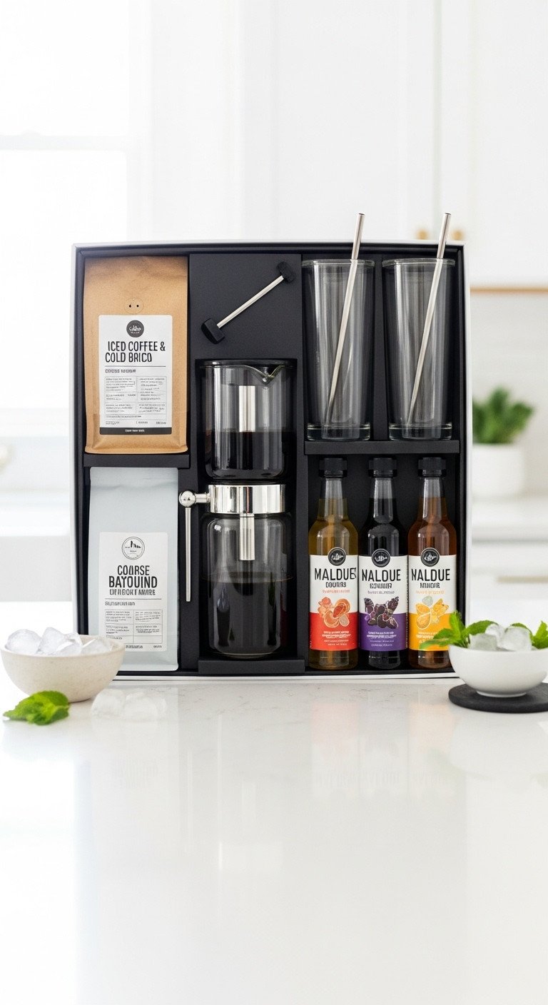 Modern gift box with glass cold brew coffee maker coarse ground coffee flavored syrups and tall glass tumblers with metal straws