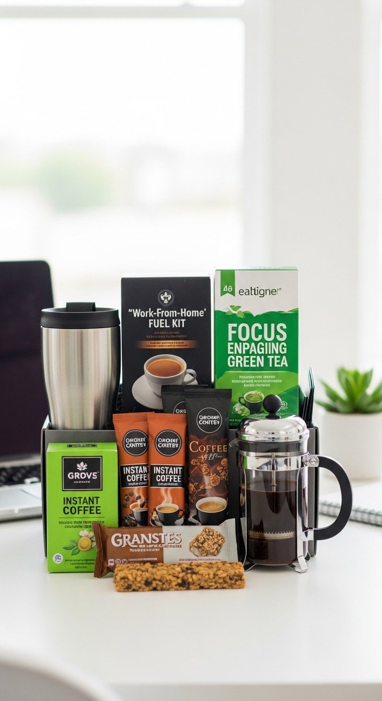 Modern gift box with insulated travel mug instant coffee packets green tea granola bars and desktop French press on a minimalist desk