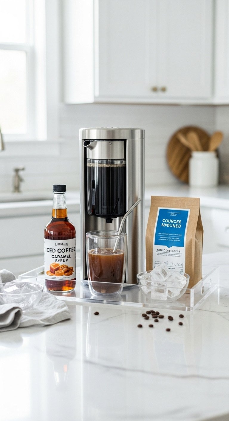 Modern iced coffee gift basket with cold brew maker glass tumbler caramel syrup and ground coffee on white marble
