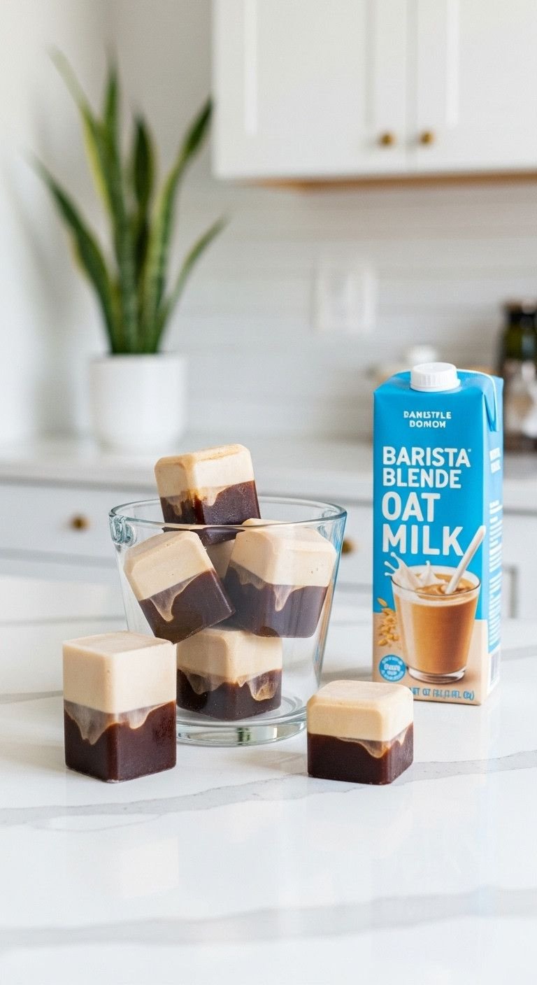 Genius Coffee Ice Cubes for Never Watery Iced Coffee 11 Modern kitchen: Two-toned latte ice cubes (coffee/oat milk) in glass bucket on white quartz with oat milk carton.