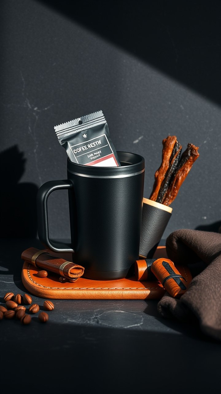 9 Creative Coffee Mug Gift Basket Ideas Anyone Can Make 5 Modern man's brew kit gift mug with dark roast coffee leather coaster and beef jerky on a dark slate background