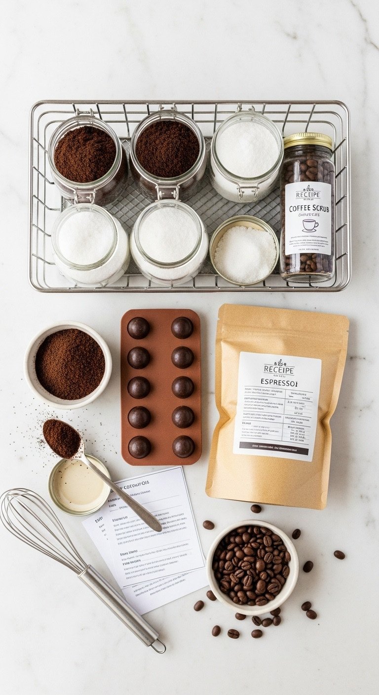 Modern metal basket with DIY coffee scrub ingredients chocolate covered espresso bean mold and recipe book on a marble countertop