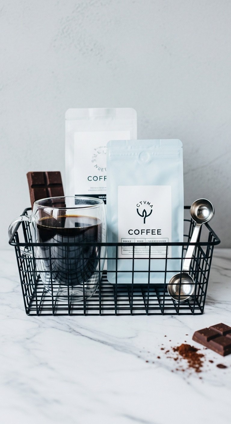 Modern minimalist coffee gift basket with glass mug minimalist coffee bag and silver scoop in wire basket on marble counter
