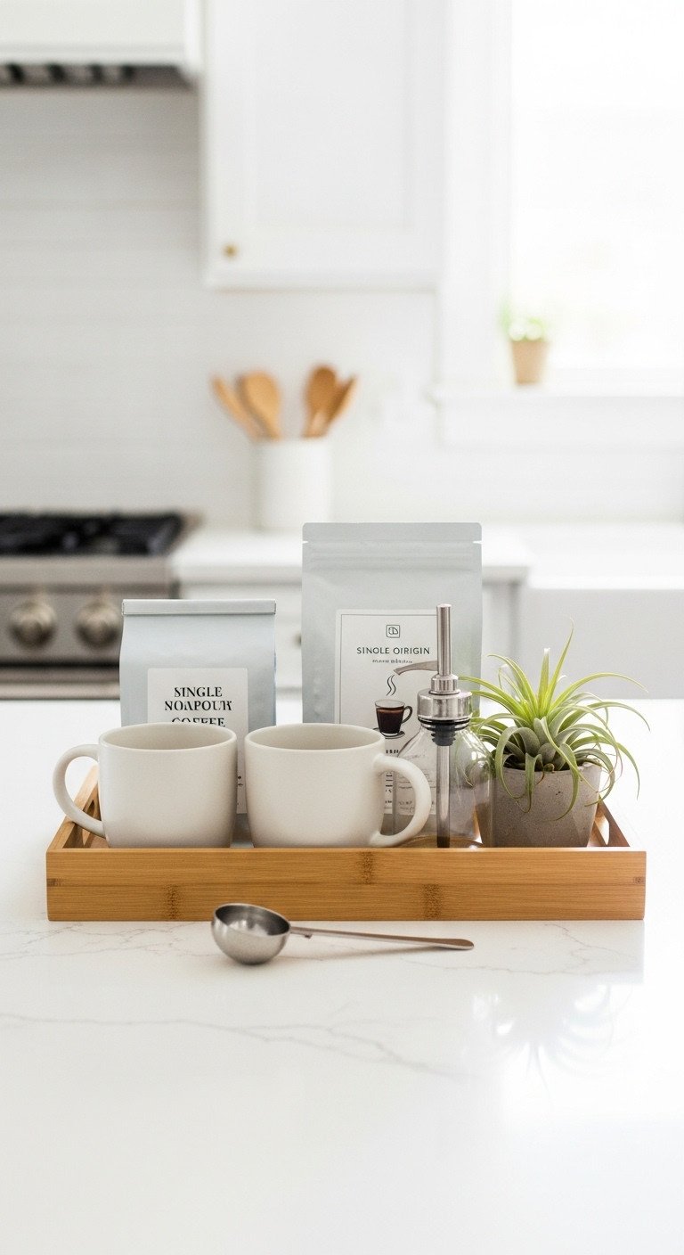 Modern minimalist coffee station gift basket with bamboo tray matte mugs single origin coffee syrup dispenser and air plant