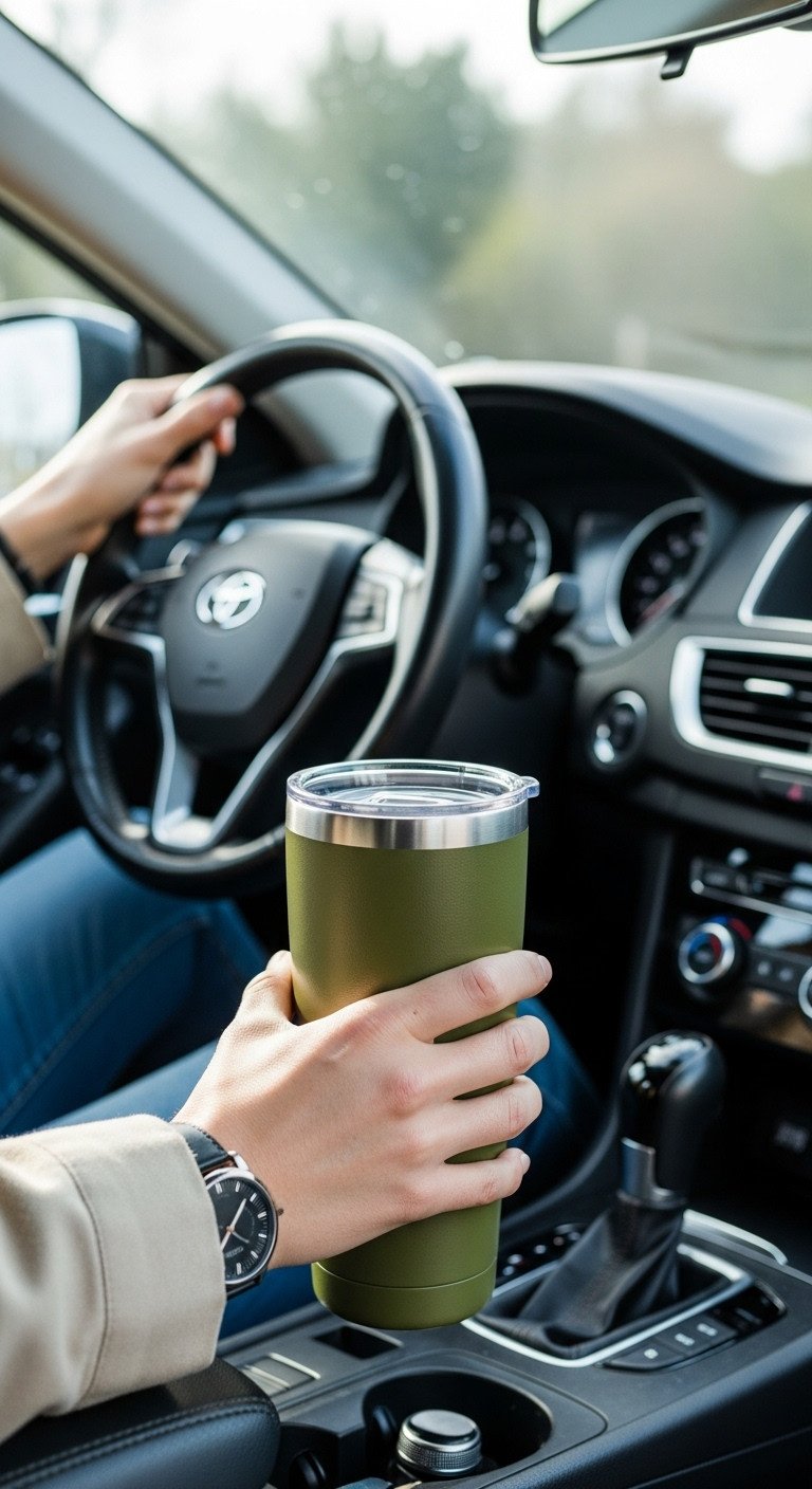 Modern olive green insulated travel mug with spill-proof lid held by a person in a car's driver seat fitting in the cup holder