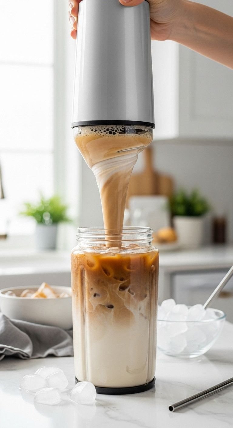The Secret To Smooth Iced Protein Coffee That Never Clumps 5 Modern personal blender with a creamy iced protein coffee vortex, perfect for smooth shakes, on white counter with ice.
