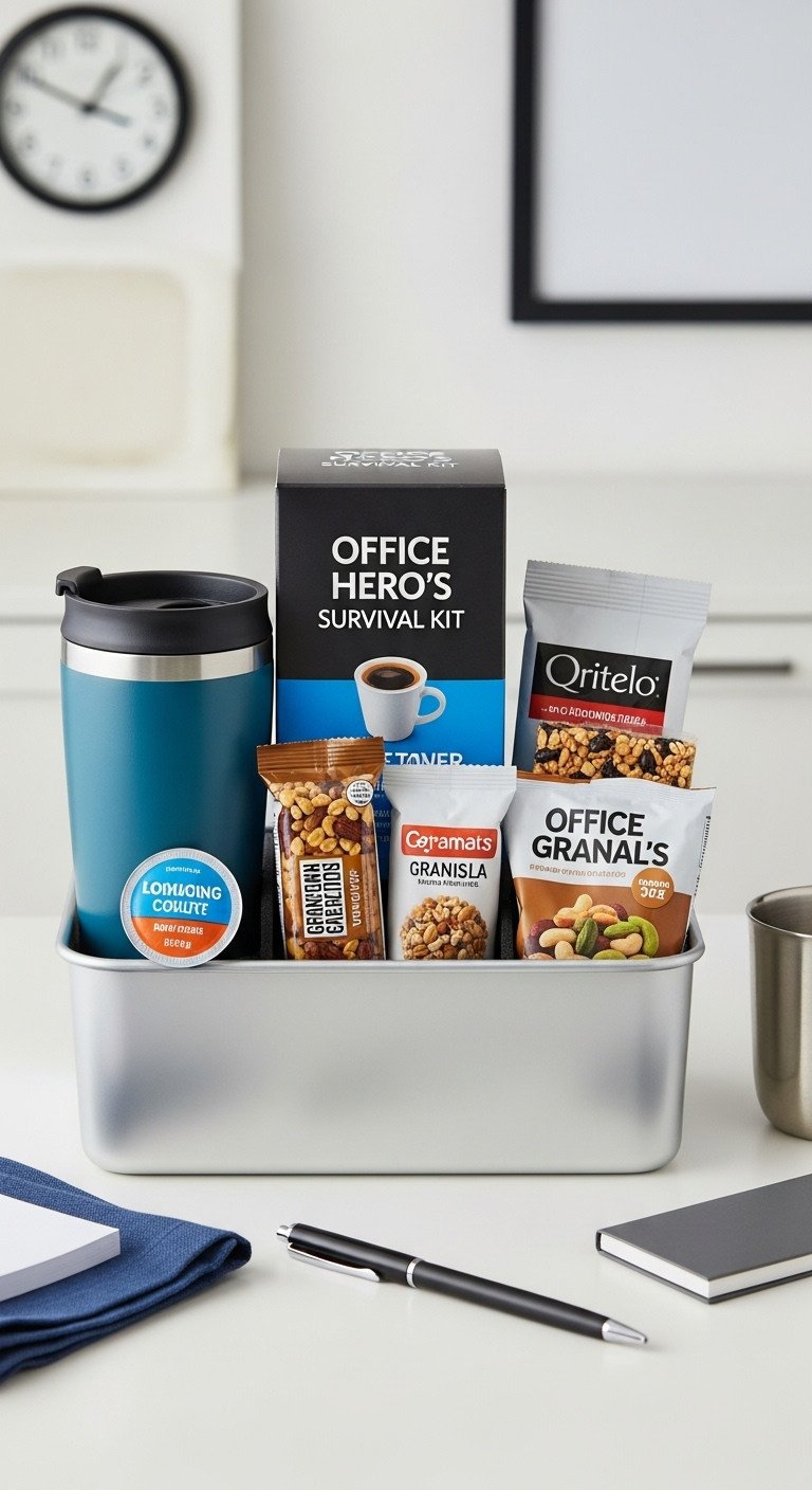 Modern storage container with insulated travel mug, single-serve coffee pods, granola bars, and mixed nuts on a clean desk