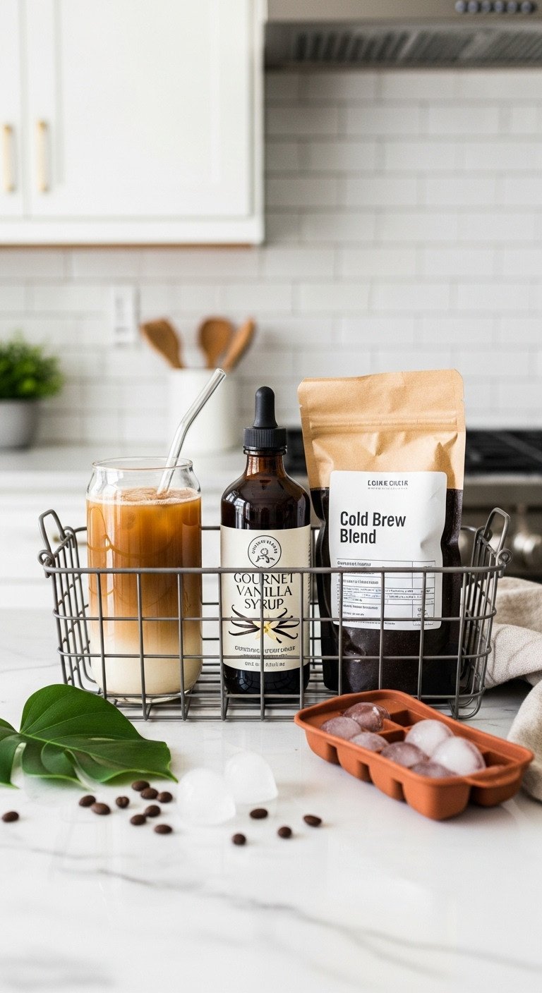 Modern wire basket with glass, straw, vanilla syrup, cold brew coffee, and sphere ice cube tray on white marble countertop