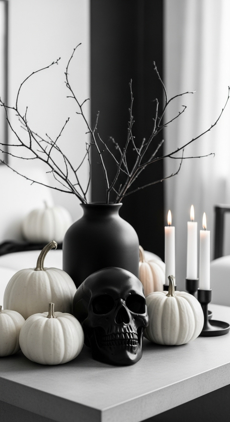 Monochrome Halloween coffee table with white pumpkins, matte black skull, and leafless branches