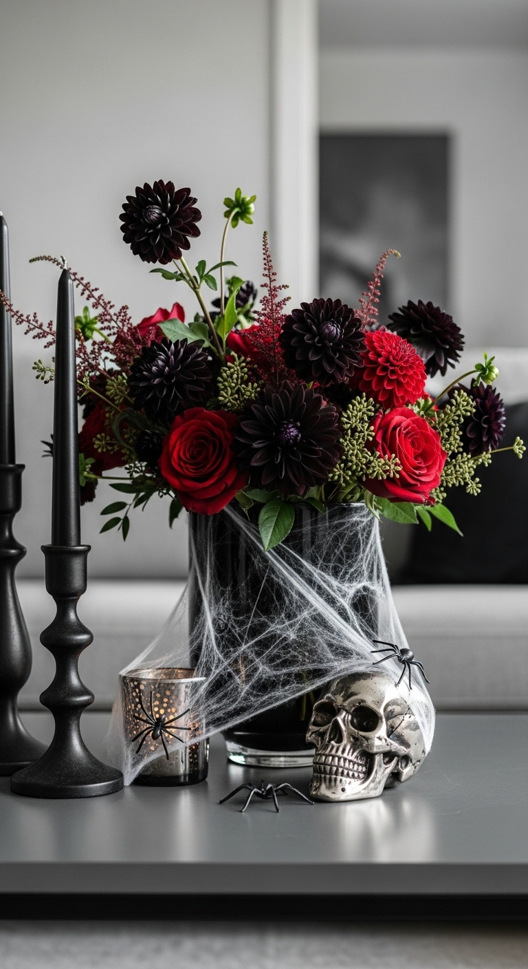 Moody dark florals, metallic skull, and wispy spiderwebs on a dark gray coffee table for spooky chic Halloween decor