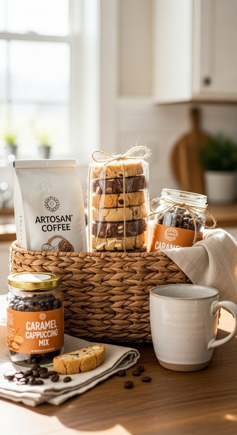 Morning Delight Basket with artisan coffee biscotti ceramic mug and caramel cappuccino mix in a woven basket on a rustic wooden table