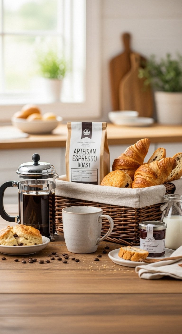 Morning Delight breakfast themed coffee gift basket with artisan espresso French press ceramic mug croissants jam and biscotti