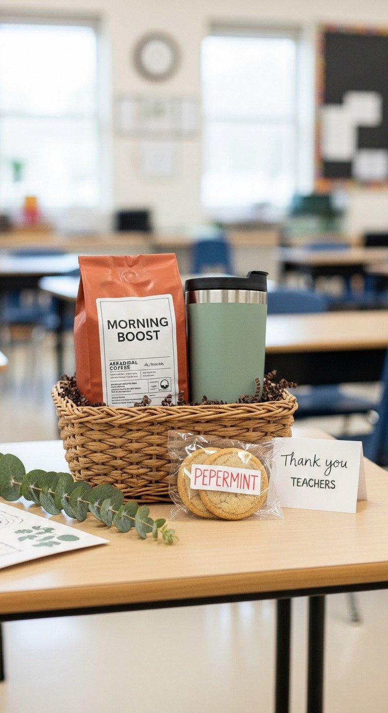 Morning boost coffee gift basket for teachers with artisanal coffee beans insulated tumbler and gourmet peppermint cookies in a woven basket