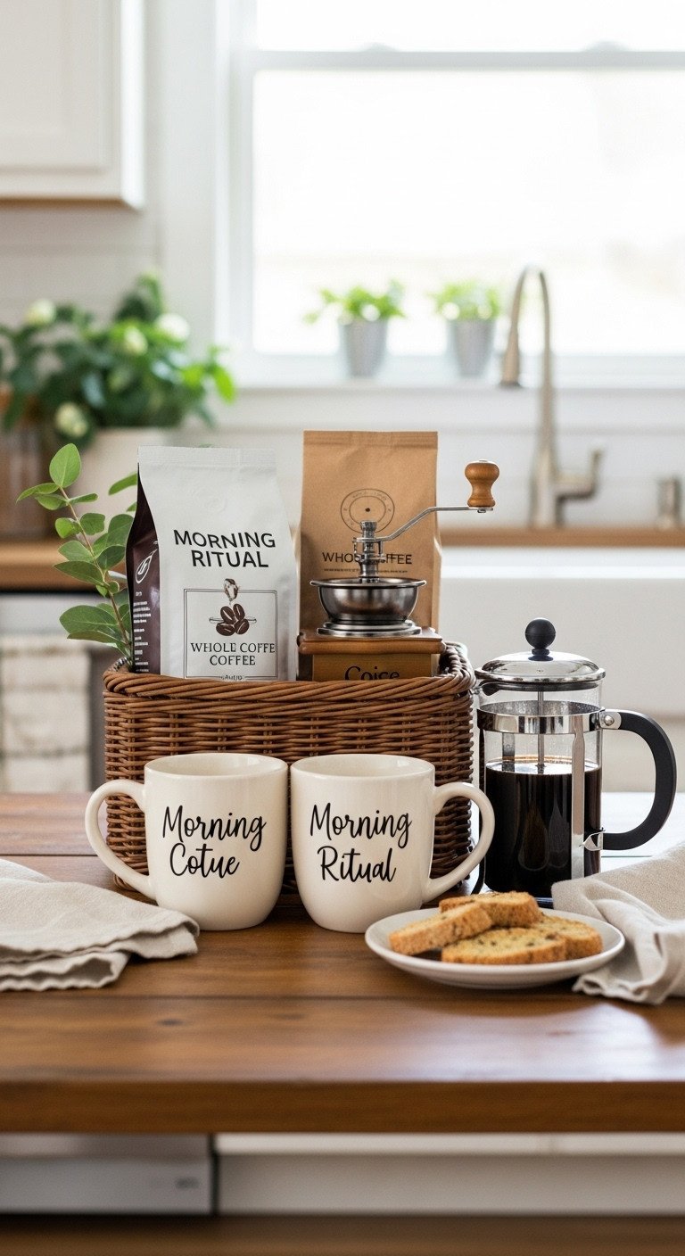Morning ritual coffee gift basket for a couple with personalized mugs coffee grinder and French press on a rustic wooden table with biscotti