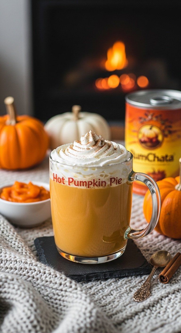 Mug of creamy orange Hot Pumpkin Pie cocktail with whipped cream and nutmeg on a slate coaster and knit blanket by a fireplace