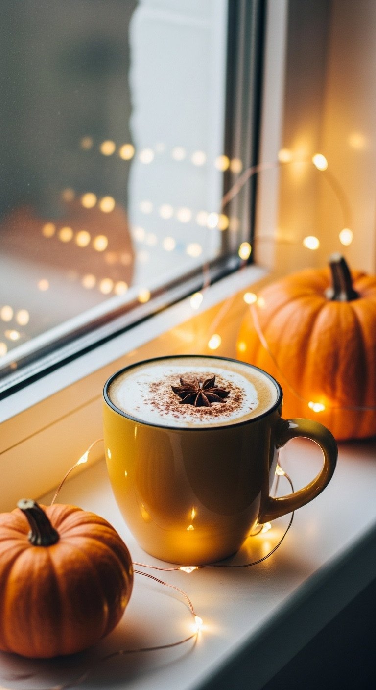 13 Cozy Pumpkin Coffee Aesthetic Ideas for Fall Vibes 11 Mug of pumpkin coffee bathed in warm fairy lights on a windowsill with bokeh effect and windowpane silhouette