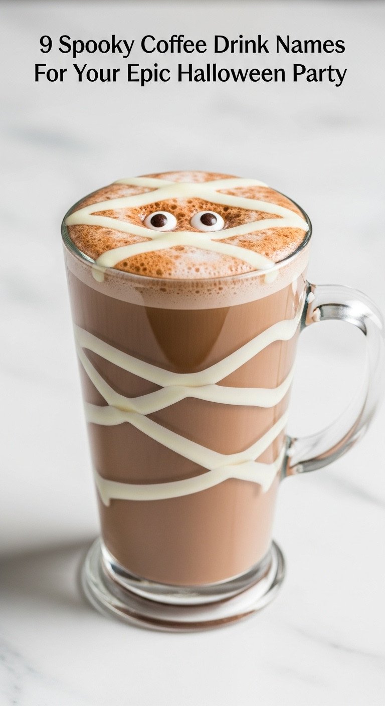 Mummy Mocha latte with white chocolate "bandages" and googly eyes in a tall glass mug on a marble countertop