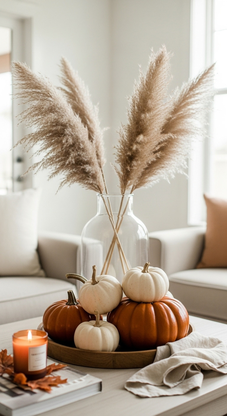 Muted gourds and pumpkins on a wooden tray with pampas grass for a natural spooky chic Halloween coffee table