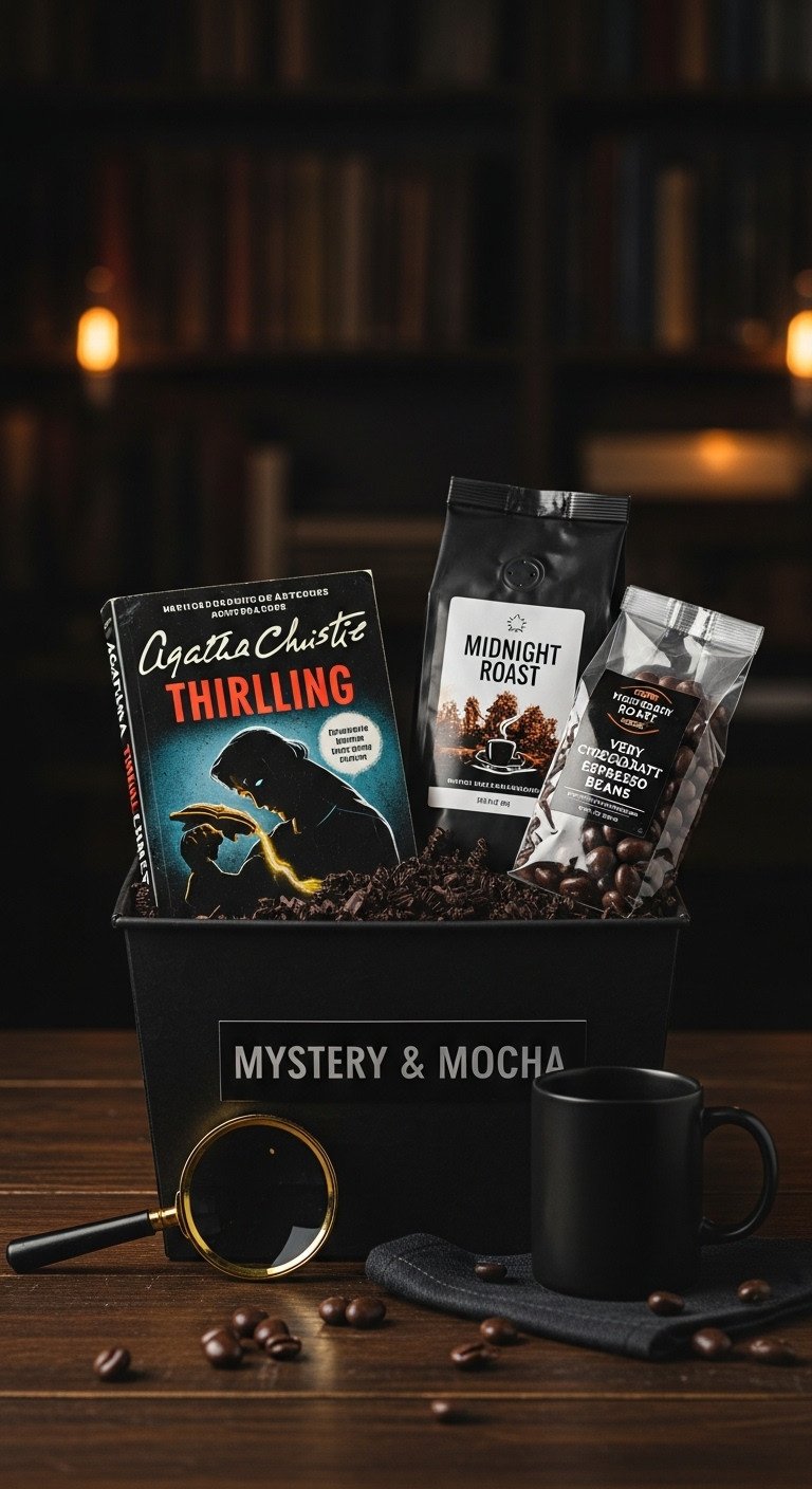 Mystery and Mocha themed gift basket with Agatha Christie paperback dark roast coffee chocolate covered espresso beans magnifying glass and black mug