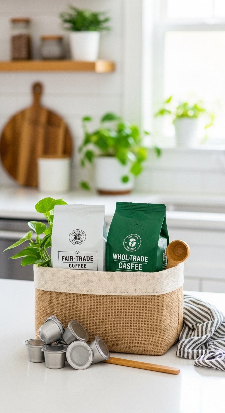 Natural jute gift basket with stainless steel reusable K-cup filters fair trade whole bean coffee and a bamboo coffee scoop