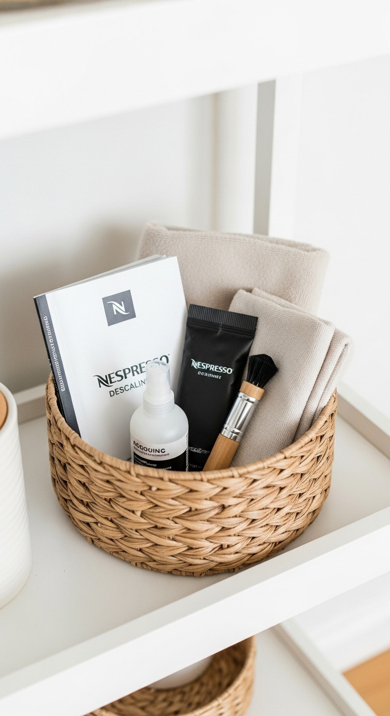 Neat Nespresso cleaning and maintenance zone with descaling kit brush cloths manual and solution in a seagrass basket on a white shelf
